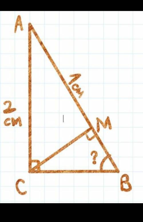 В прямоугольном треугольнике ABC (угол C = 90°) провели высоту СМ. Найдите угол ABC, если AC = 2 см,
