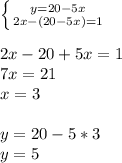 \left \{ {{y=20-5x} \atop {2x-(20-5x)=1}} \right. 2x-20+5x=1\\7x=21\\x=3y=20-5*3\\y=5\\