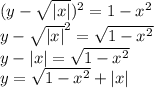 (y-\sqrt{|x|})^2=1-x^2\\y-\sqrt{|x|}^2=\sqrt{1-x^2}\\y-|x|=\sqrt{1-x^2}\\y=\sqrt{1-x^2}+|x|