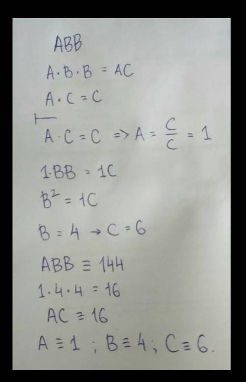 Дано трехзначное число ABB, произведение цифр которого — двузначное число AC, произведение цифр этог