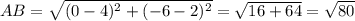 AB=\sqrt{(0-4)^2+(-6-2)^2} =\sqrt{16+64} =\sqrt{80}