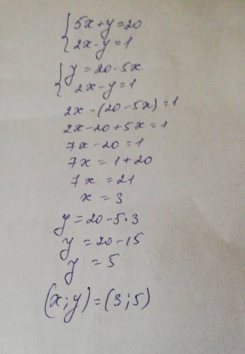 Решите систему уравнений:    {5x+y=20 2x-y=1 ​ !!