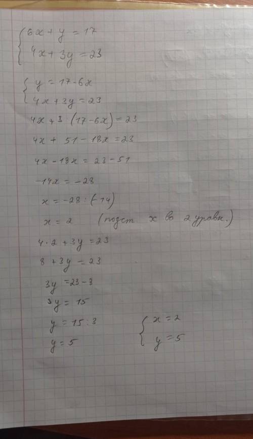 2) Решите систему уравнения с метода подстановки(6x+y = 174х+3y= 23​