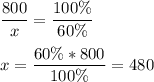 \displaystyle\frac{800}{x} =\frac{100\%}{60\%} x=\frac{60\%*800}{100\%}=480