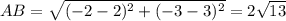 AB=\sqrt{(-2-2)^2+(-3-3)^2} =2\sqrt{13}