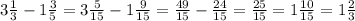 3 \frac{1}{3} - 1 \frac{3}{5} = 3 \frac{5}{15} - 1 \frac{9}{15} = \frac{49}{15} - \frac{24}{15} = \frac{25}{15} = 1 \frac{10}{15} = 1 \frac{2}{3}