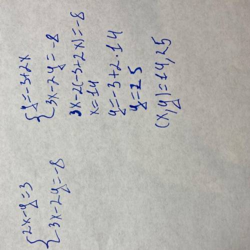 7. Розв'язати систему рівнянь зручним :(2x – у= 3,(3x-2y = -8.​