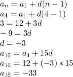 a_n=a_1+d(n-1)\\a_4=a_1+d(4-1)\\3=12+3d\\-9=3d\\d=-3\\a_{16}=a_1+15d\\a_{16}=12+(-3)*15\\a_{16}=-33