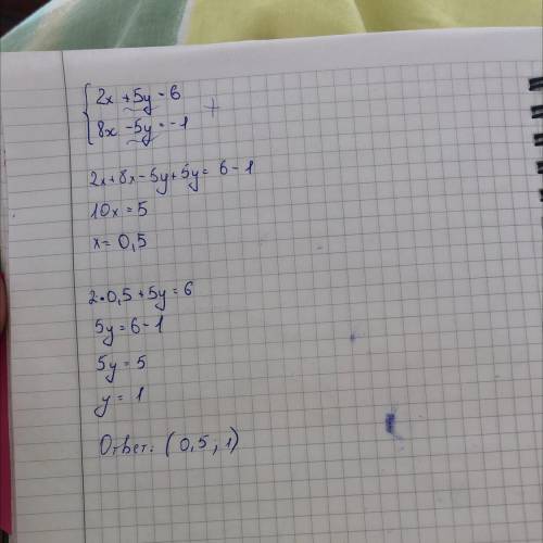 Розвязати додавання систему рівнянь 2x + 5y = 68x-5y =-1;​