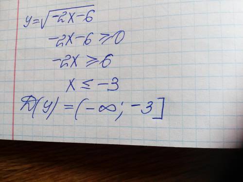 Укажіть область визначення функції y=√-2x-6