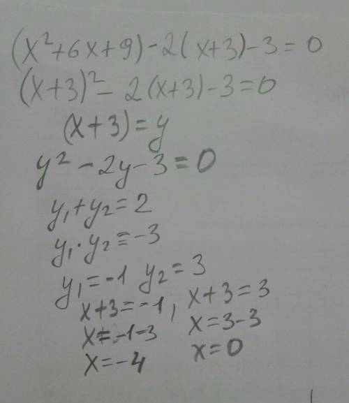 Яку заміну слід виконати в рівнянні, щоб дістати квадратне рівняння: (х² + 6х + 9) – 2(х + 3) – 3 =