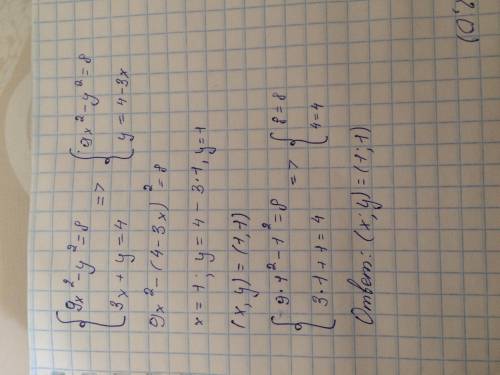 розв'яжіть систему рівнянь 9х²-у²=83х+у=4​
