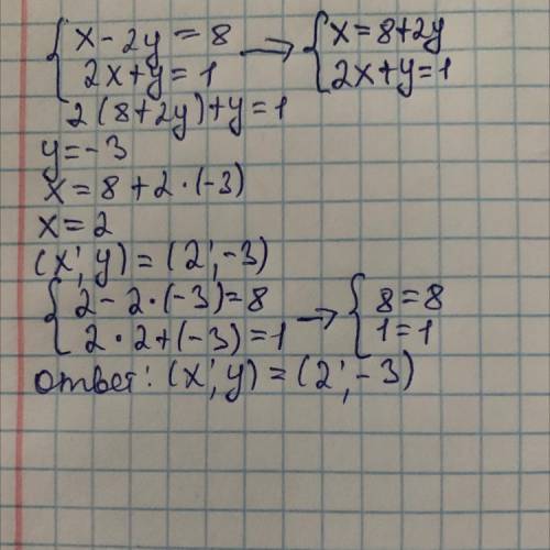 Решите систему уравнений подстановки: (решать подробно в тетради) х-2у=82х+у=1 ​