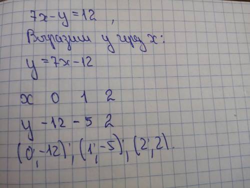 Запишите три различных решения уравнения 7х - у = 12.