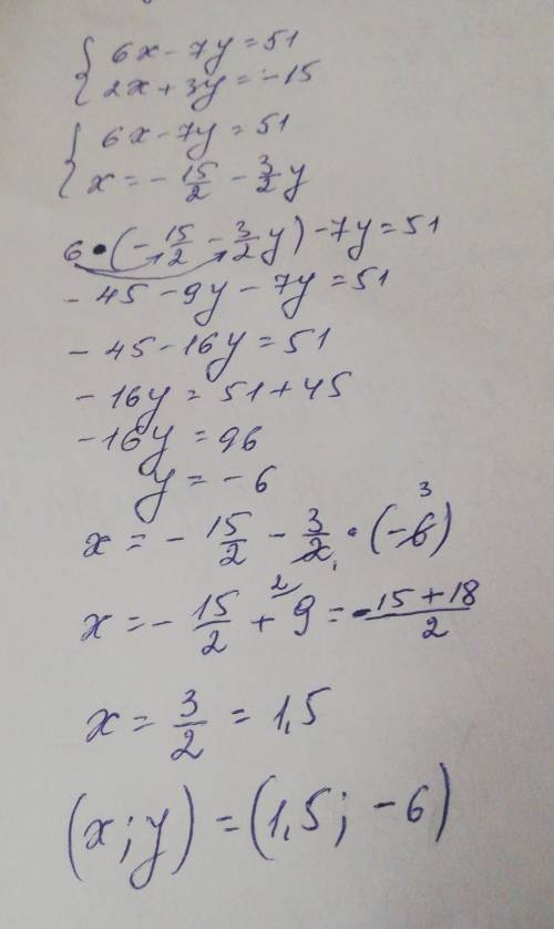 Розв'язати систему підстановки 6x-7y=51, 2x+3y=-15 Буду благодарен за ответ