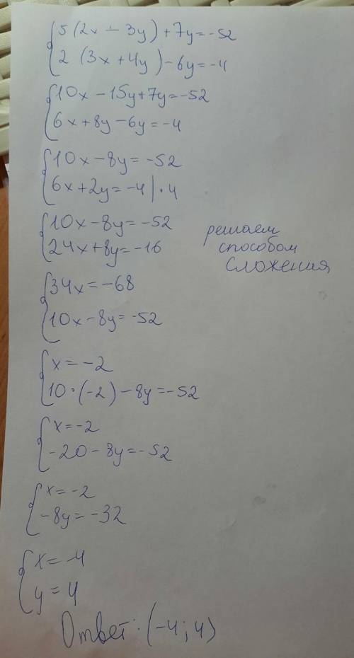 {5(2x-3y)+7y=-52{2(3x+4y)-6y=-4 решить систему уравнений))​