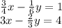 \frac{3}{4} x - \frac{1}{6} y = 1 \\ 3x - \frac{2}{3} y = 4