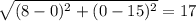 \sqrt{(8-0)^{2}+(0-15)^2 }=17