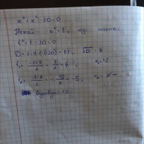 Розв'яжіть біквадратне рівняння х4+х2-20=0​
