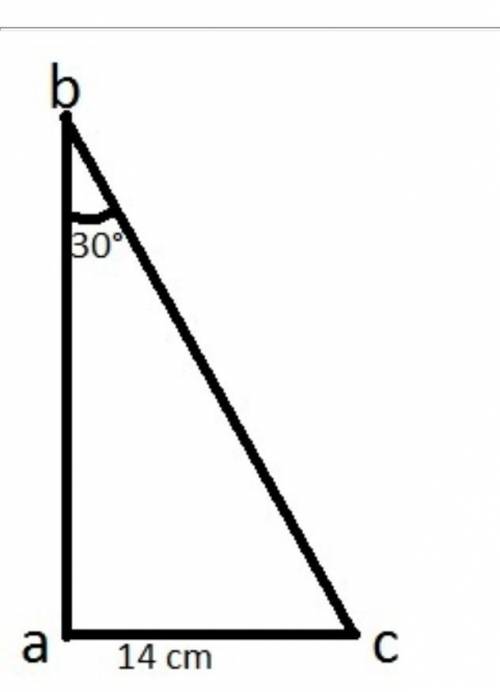в треугольнике АВС с прямым углом А катет АС=14 см, а угол В=30° найдите гипотенузу (в см) ВС данног