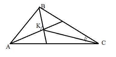 В треугольнике ABC пересекаются биссектрисы ∡A и ∡B. Точка пересечения K соединена с третьей вершино