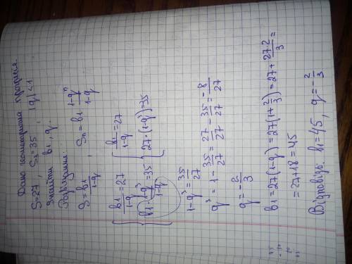 Сума нескінченної геометричної прогресії дорівнює 27, а сума трьох ії перших членів дорівнює 35 Знай