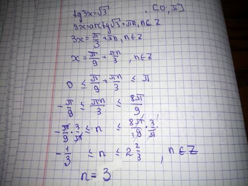 Скільки коренів рівняння tg 3x = √3 належать проміжку [0; π]?