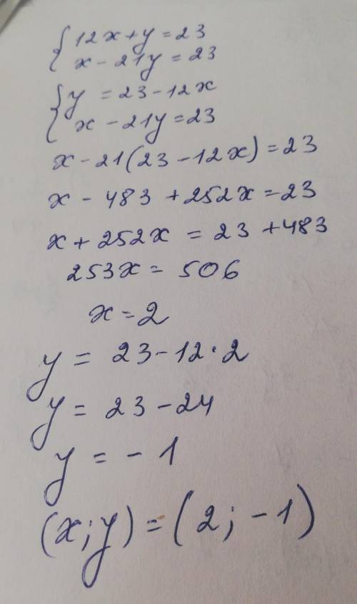 Решите систему уравнений подстановки {12х+у=23 х-21у=23}​