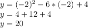 y = (-2)^2 - 6 * (-2) + 4\\y = 4 + 12 + 4\\y = 20