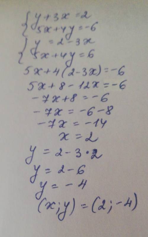 2. Решите систему уравнений подстановки:(y+ 3x = 2(5х +4y = -6решение ​