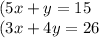 (5x + y = 15 \\ (3x + 4y = 26