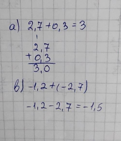 A) 2,7 + 0,3 = ; b) −1,2 + (−2,7) = . вычислите