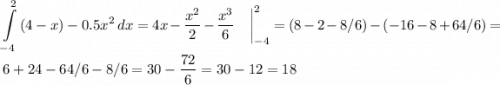 \displaystyle \int\limits^{2}_{-4} {(4-x)-0.5x^2} \, dx = 4x -\frac{x^{2} }{2} -\frac{x^{3} }{6} \quad\bigg|^2_{-4} = (8 - 2 - 8/6)-(-16-8+64/6)=6+24-64/6-8/6 = 30-\frac{72}{6} =30-12=18
