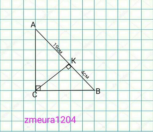 висота прямокутного трикутника проведена з вершини прямого кута ділить гіпотенузу на відрізки 19 см