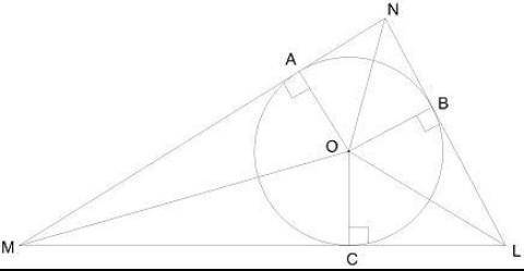 В треугольник вписана окружность. Вычисли углы треугольника, если ∢ OMN= 34° и ∢ LNO= 35°. ∢ M= °;