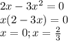 2x - 3x^2 = 0\\x(2 - 3x) = 0\\x = 0; x = \frac{2}{3}