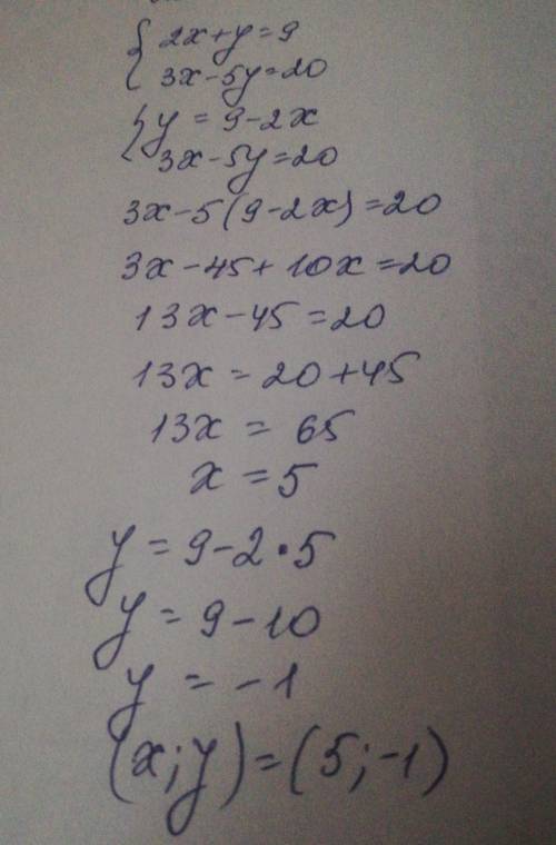 Розвязати методом підстановки 2х+y=9 (фігурна дужка) 3x-5y=20