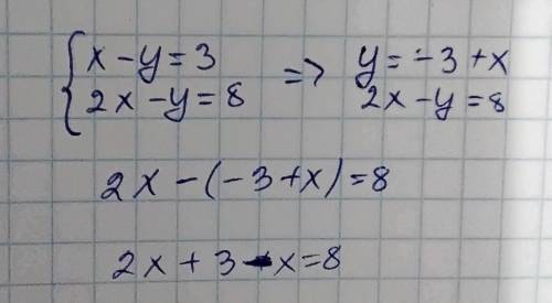 Розв'яжить систему рівнянь підстановки x-y=3 2x-y=8