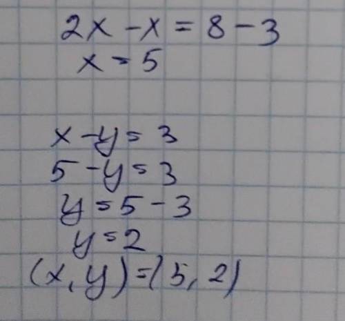 Розв'яжить систему рівнянь підстановки x-y=3 2x-y=8