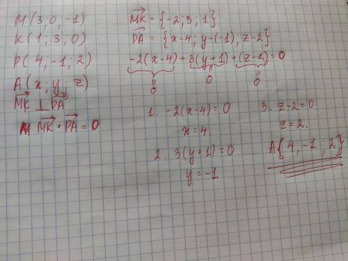 Даны точки М(3;0;-1) к(1;3;0) Р(4;-1;2). Найдите на оси Х такую точку А, чтобы векторы МК и РА были