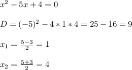 x^2-5x+4 = 0D = (-5)^2 - 4*1*4 = 25 - 16 = 9x_1 = \frac{5-3}{2} = 1x_2 = \frac{5+3}{2} = 4