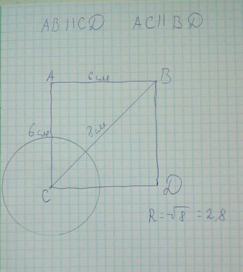 Восстанови квадрат АВСD по его диагонали АС = 6 cм. Построй окружность с центром в точке C и радиусо