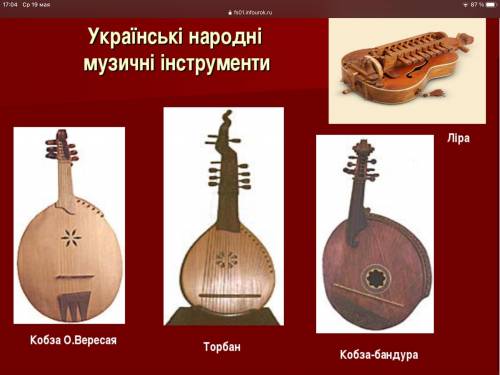 1. Назвіть українські народні інструменти, зображенні на ілюстраціях. 2. Схарактеризуйте інструмент