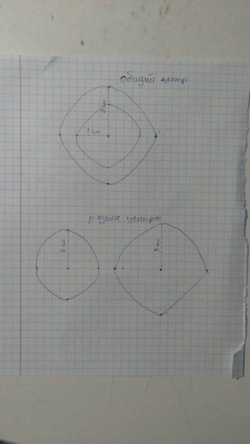 8. Начерти 2 окружности с радиусами 2 см и 3 см счала с общим центром, а потом с разными. ​