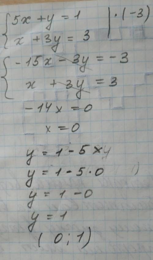 Укажите пару чисел которая является решением системы уравнений 5х+у=1, х+3у ​
