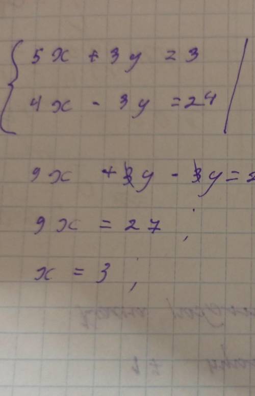 Розв'яжіть систему 5x+3y=3, 4x-3y=24​