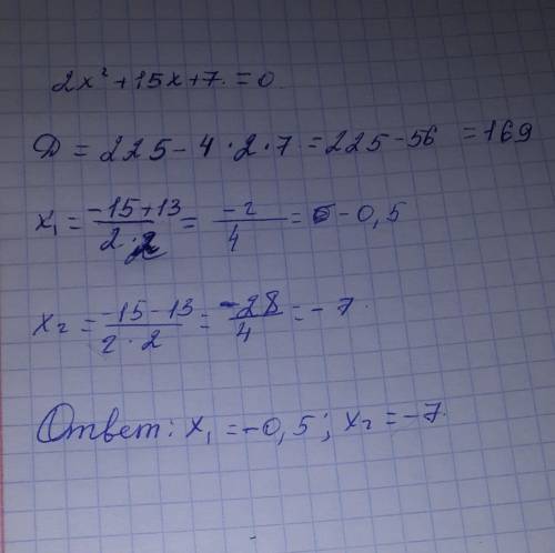 Найти сумму корней уравнения 2х^2+15х+7=0 Можете фотку решения прислать​