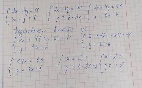 Решите уравнение (2x + 4y=11 (3x - y = 6