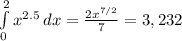 \int\limits^2_0 {x^{2.5} } \, dx = \frac{2x^{7/2} }{7} =3,232