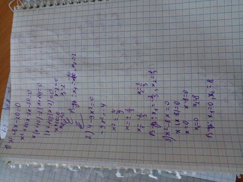 Розв'яжіть рівняння 1)х²+8х-20=02)4-9х²=03)х²-8х=0​